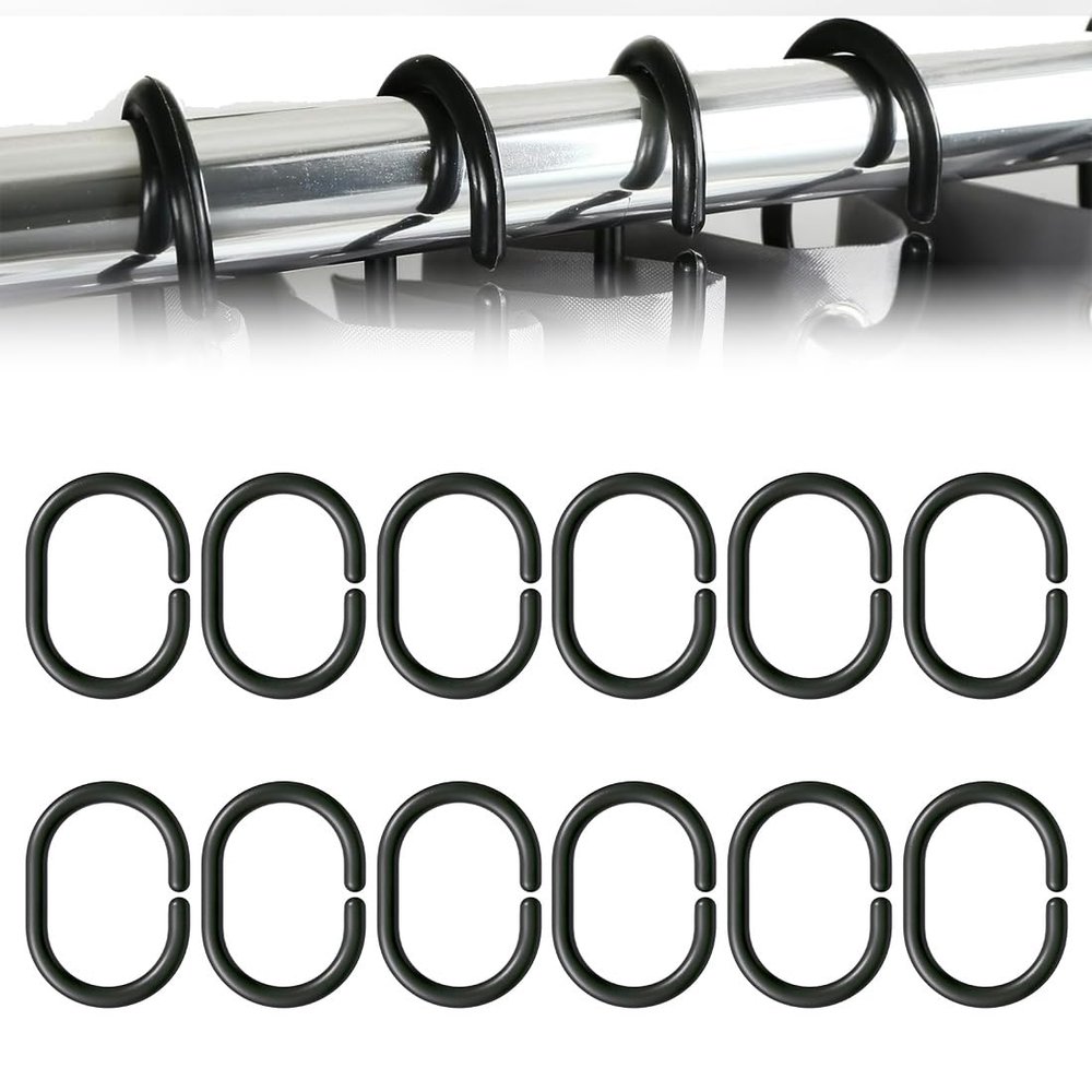 GNALIA Shower Curtain Rings, 12 Pack, Black C-Shape Hooks 5.8cm