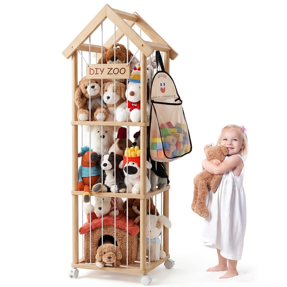 Wooden Stuffed Animal Storage Rack with Roof, 146 × 42 × 42 cm