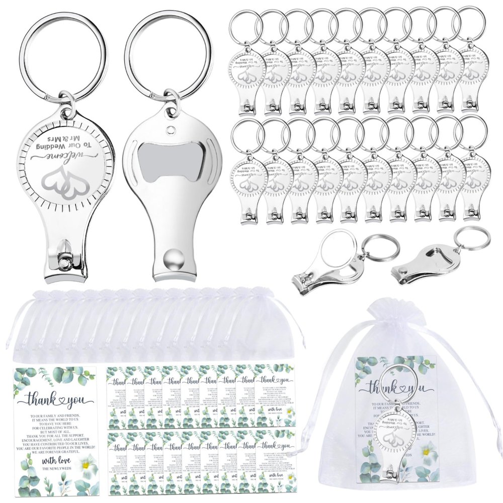 Xdyyjrasa 50 Wedding Guest Favors, Heart Keychains with Bottle Opener and Nail Clipper, Thank-You Cards and Organza Bags