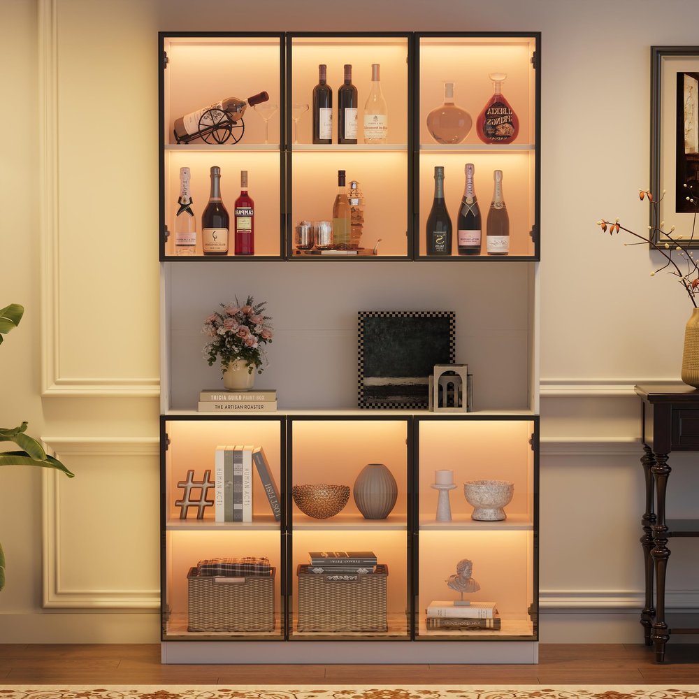kowdom Narrow Glass Display Cabinet with App-Controlled LED & Soft-Close, 6 Glass Doors and Open Compartment, Tall Cabinet for Living Room, Hallway or Kitchen, 120 x 34 x 200 cm, White