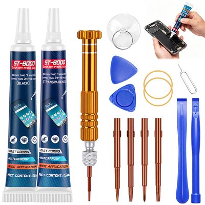 Handy Display Glue - Smartphone Back Adhesive with Repair Kit, Universal Craft Glue for Plastic, Glass, Metal, Ceramic, 15ml x 2, Black and Clear