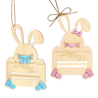 Kids Card Holder | Wooden Bunny Money Holder | 2-Piece Set - Wood 15x10x0.6cm Blue Pink Lightweight Durable Cute | Easter Party Birthday Gift | For Girls