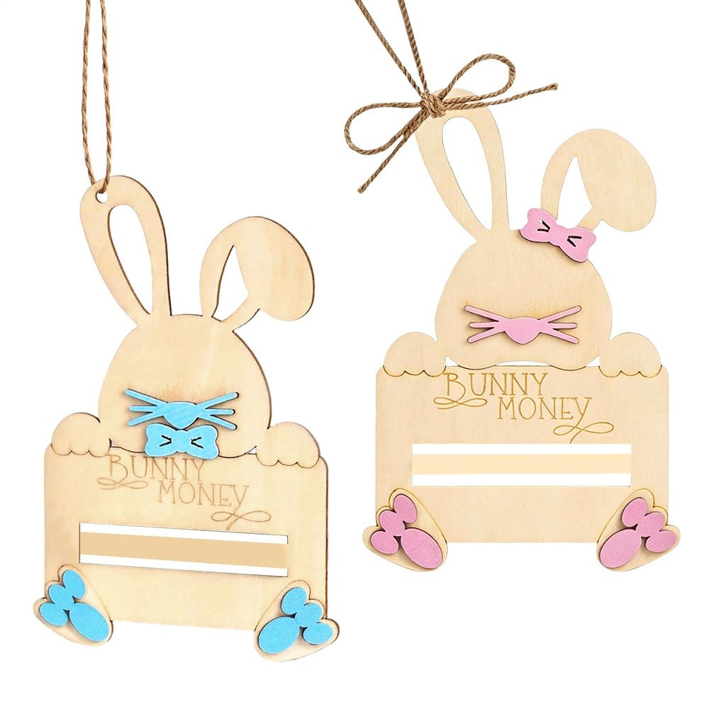 Kids Card Holder | Wooden Bunny Money Holder | 2-Piece Set - Wood 15x10x0.6cm Blue Pink Lightweight Durable Cute | Easter Party Birthday Gift | For Girls