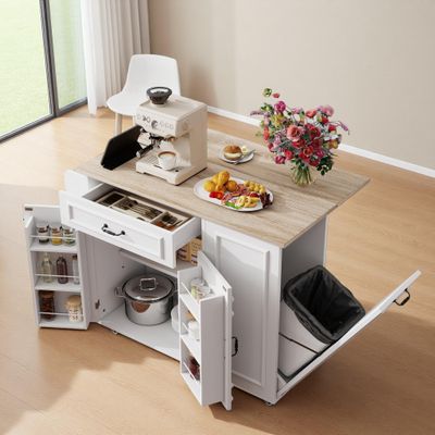 staronce Kitchen Island with Power Outlet, Folding Extendable Countertop, Drawer and Compartments, on Casters, 110 x 40 (70) x 90 cm, White