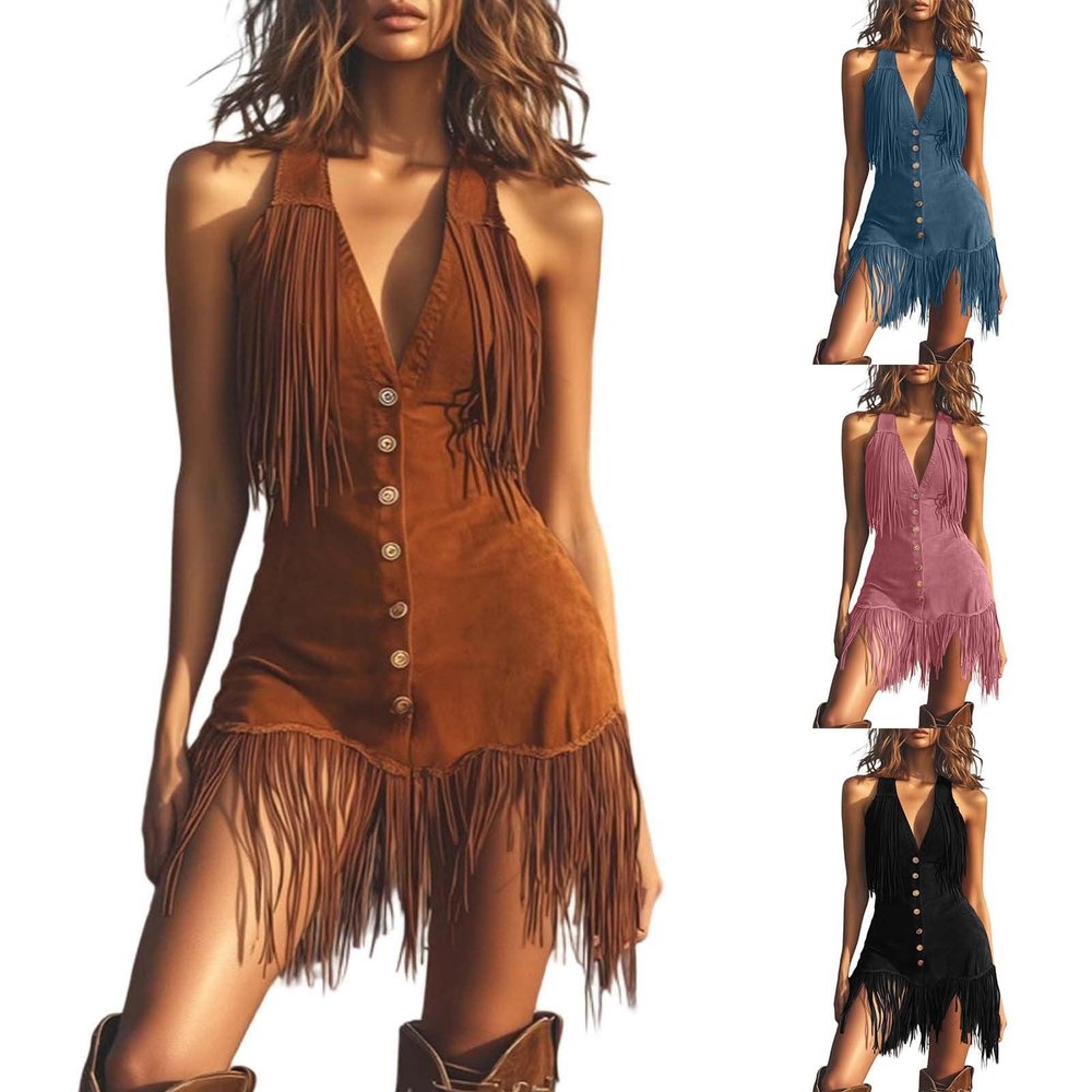 Women's Cowgirl Costume, Sleeveless Fringe Western Dress, Boho Festival Outfit, S–3XL