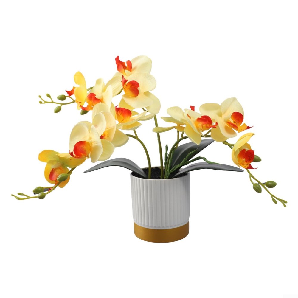 Charming Orchid Bonsai Decoration for Home and Office, Realistic Faux Phalaenopsis in Stylish Pot (Yellow)