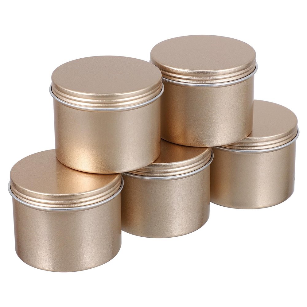 MALUGOGO Empty Aluminum Cans, 100 ml, Lightweight, Christmas Treat Box, Metal Container for Candle Making and Organizing Small Items, Golden Party Treat Holder, 5 Pack