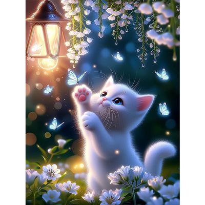 TOSTOG White Kitten Diamond Painting for Adults, Blue Butterfly Full Drill Kit 30x40cm