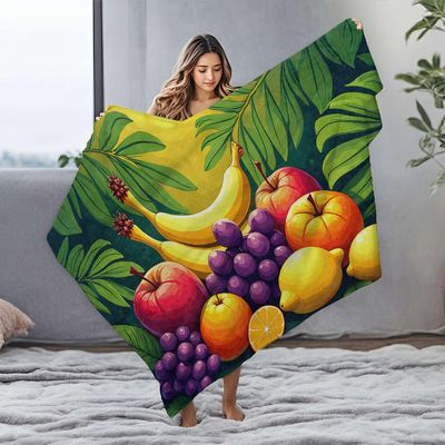 DRPZ Large Blanket, Brightly Colored Fruit with Tropical Leaves, Flannel Blanket, Soft Blanket, Queen Size (125 x 150 cm)