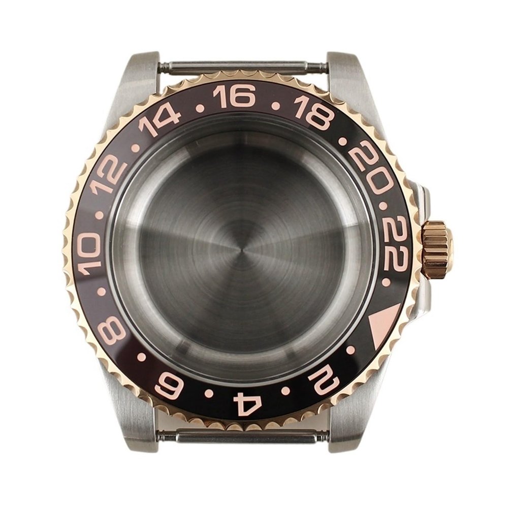 Gladiaond 1-Piece 40 mm Silver/Rose Gold Watch Case with Band and Sapphire Crystal for ETA 2824, 28.5 mm Dial (Two-Tone Bezel D)