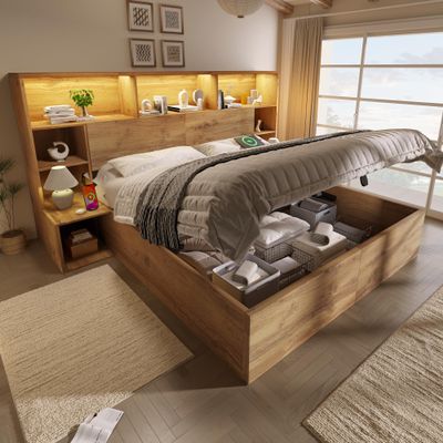 180 x 200 cm Double Bed Frame with Hydraulic Storage, Nightstands, LED Headboard & USB-C, Oak, No Mattress