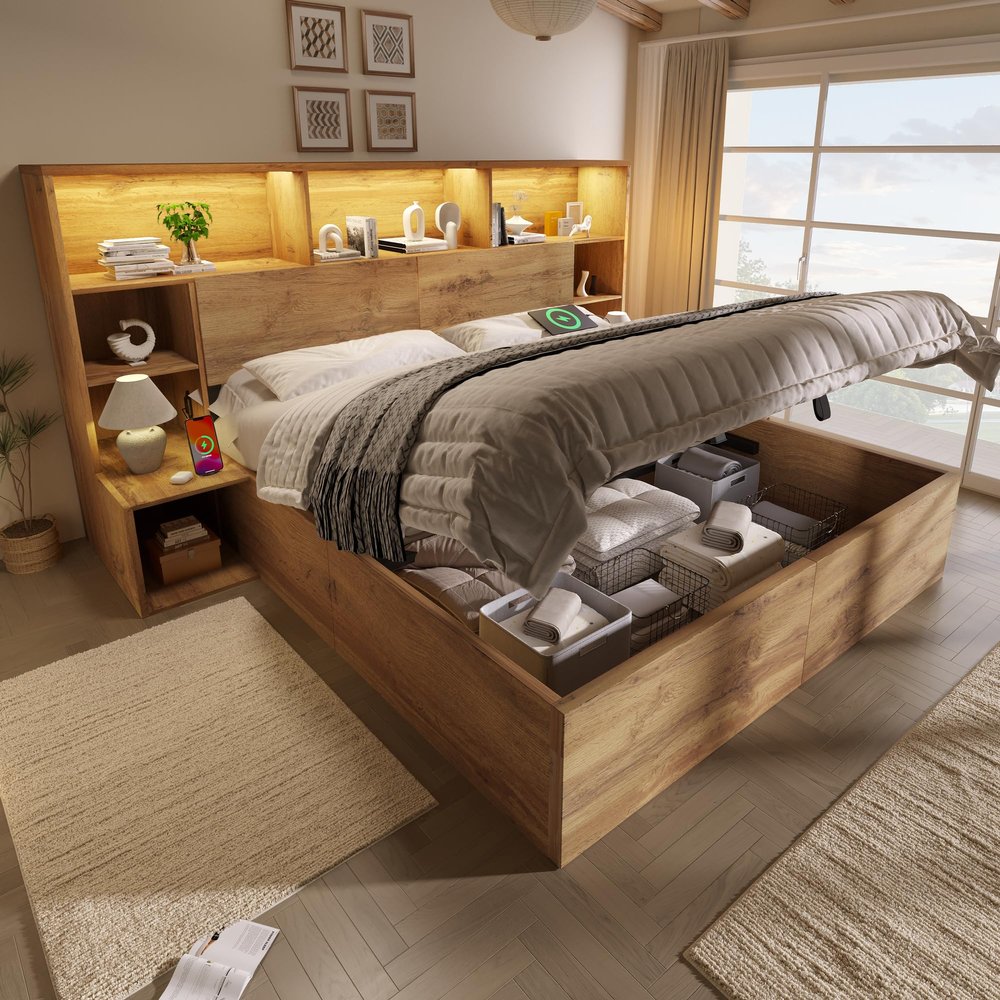 180 x 200 cm Double Bed Frame with Hydraulic Storage, Nightstands, LED Headboard & USB-C, Oak, No Mattress
