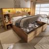 180 x 200 cm Double Bed Frame with Hydraulic Storage, Nightstands, LED Headboard & USB-C, Oak, No Mattress view 1