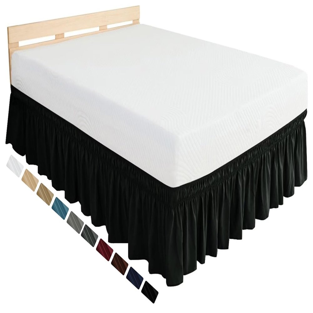 Bed Skirt 140x200, 160x200, 180x200, 200x200 with Ruffles, Soft Polyester, 38/45 cm Drop, Three-Sided Wrap, Black, 135x190+38 cm