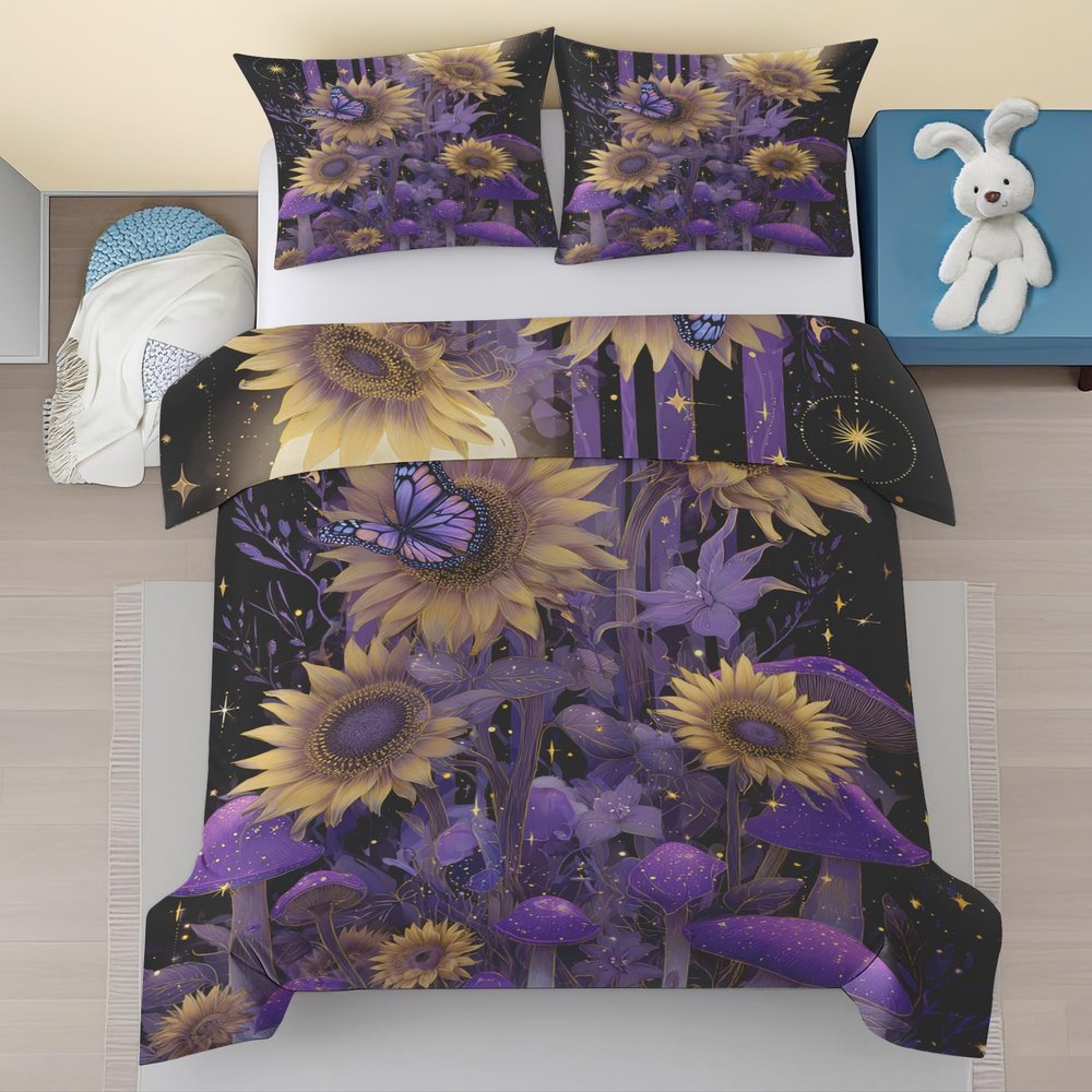 Yellow Sunflower and Purple Mushroom Floral Duvet Cover Set, 240 x 260 cm
