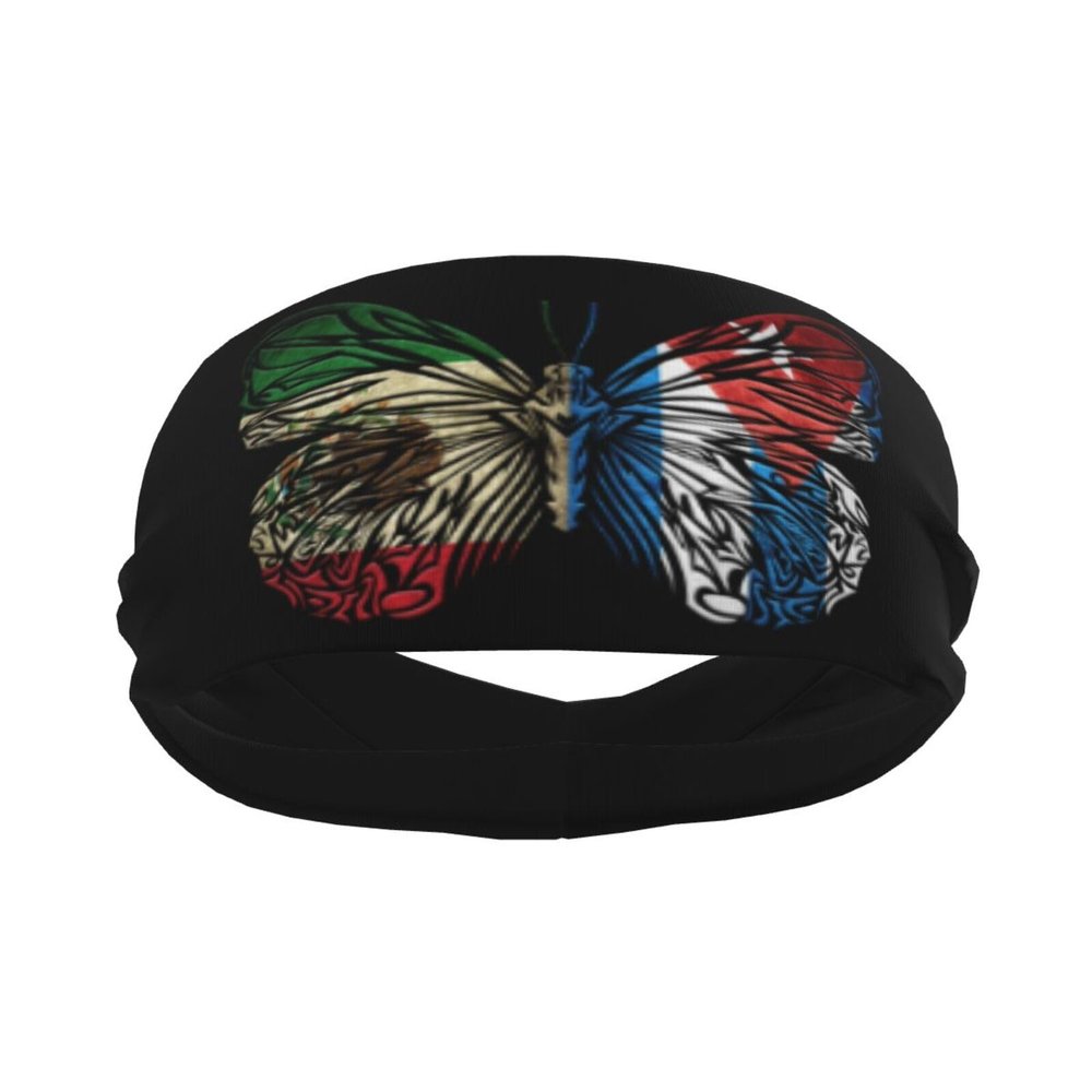 Mexico, Puerto Rico Flags & Butterfly Unisex Non-Slip Sweatband