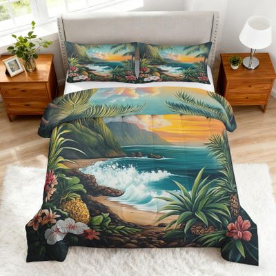 Tropical 4-Season Duvet Set 135 x 200 cm, No Duvet Cover, 1 Pillowcase 80 x 80 cm, Reversible Beach Palm Quilted Blanket – SE3220