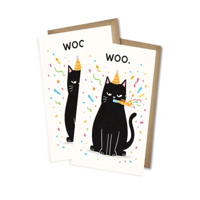 WBdesignz 2-Pack Sarcastic Birthday Cards with Envelopes, Black Cat and Confetti, "WOO.", A6
