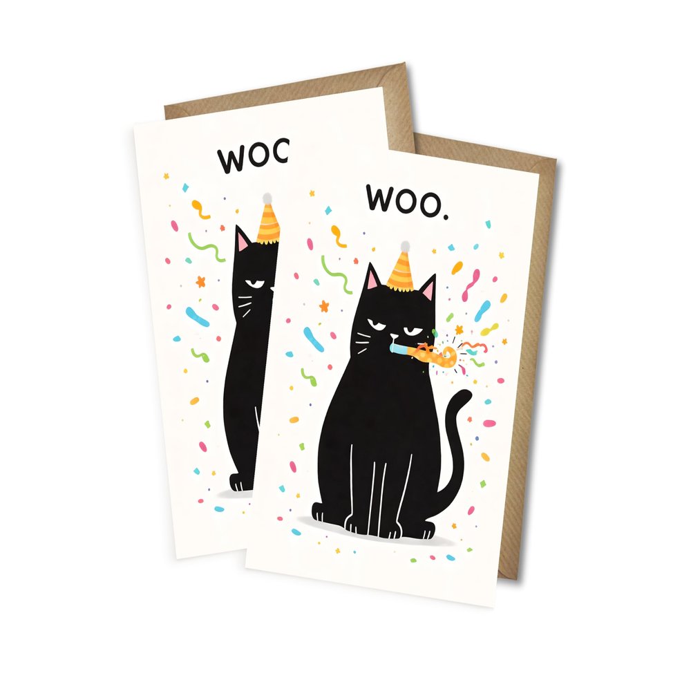 WBdesignz 2-Pack Sarcastic Birthday Cards with Envelopes, Black Cat and Confetti, "WOO.", A6