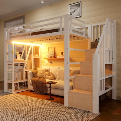 Loft Bed 90 x 200 cm with Stairs, Safety Rail, LED and Storage, Black/White