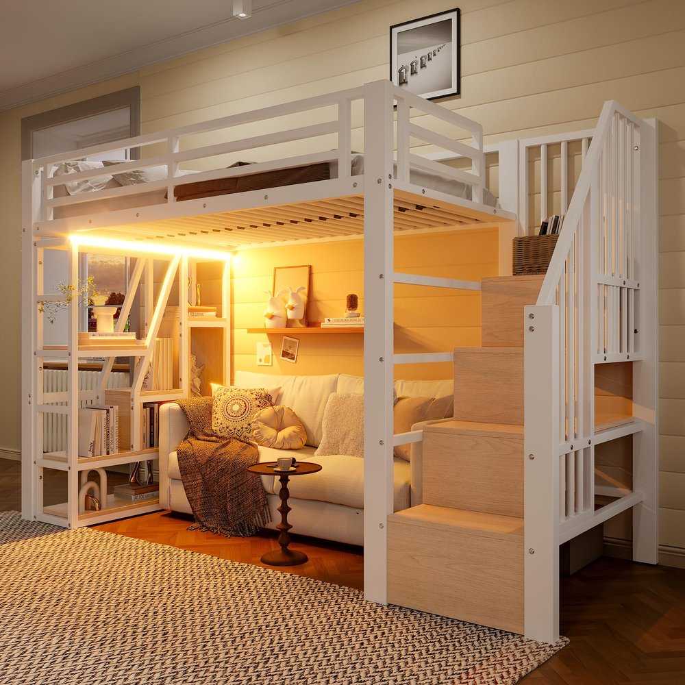 Loft Bed 90 x 200 cm with Stairs, Safety Rail, LED and Storage, Black/White