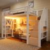 Loft Bed 90 x 200 cm with Stairs, Safety Rail, LED and Storage, Black/White view 1