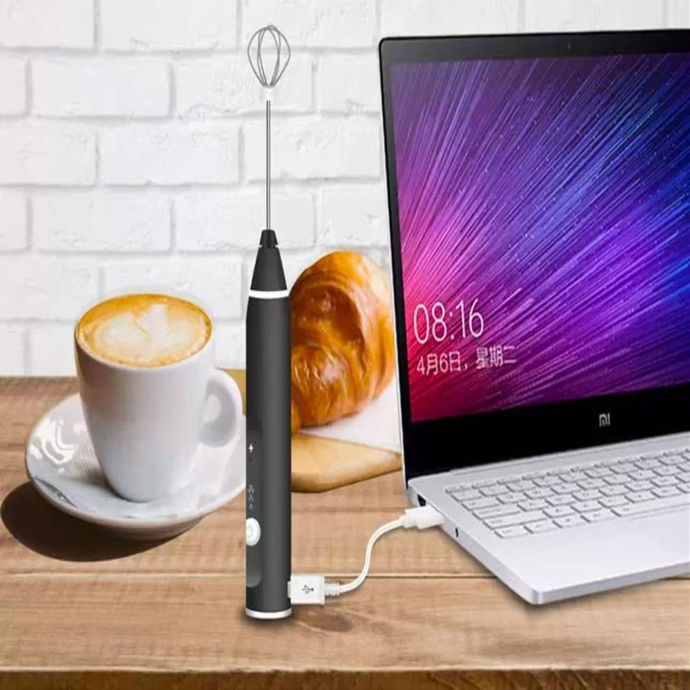Electric Milk Frother with USB Charging and Whisk Attachments (Silver)