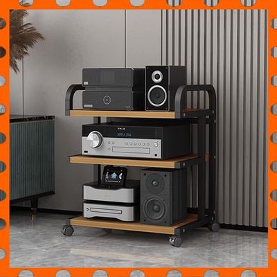 Open O Rack Stand, 4-Tier Rolling Media Rack for CD Player, Amplifier, Speakers, Game Console & TV, Black, 50 x 40 x 85.5 cm, Ideal for Home Entertainment
