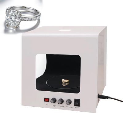 KRYANFEN Jewelry Photo Box Mini Studio with 360° Electric Turntable, Dimmable 3000–5500K, White + Black, 20 cm