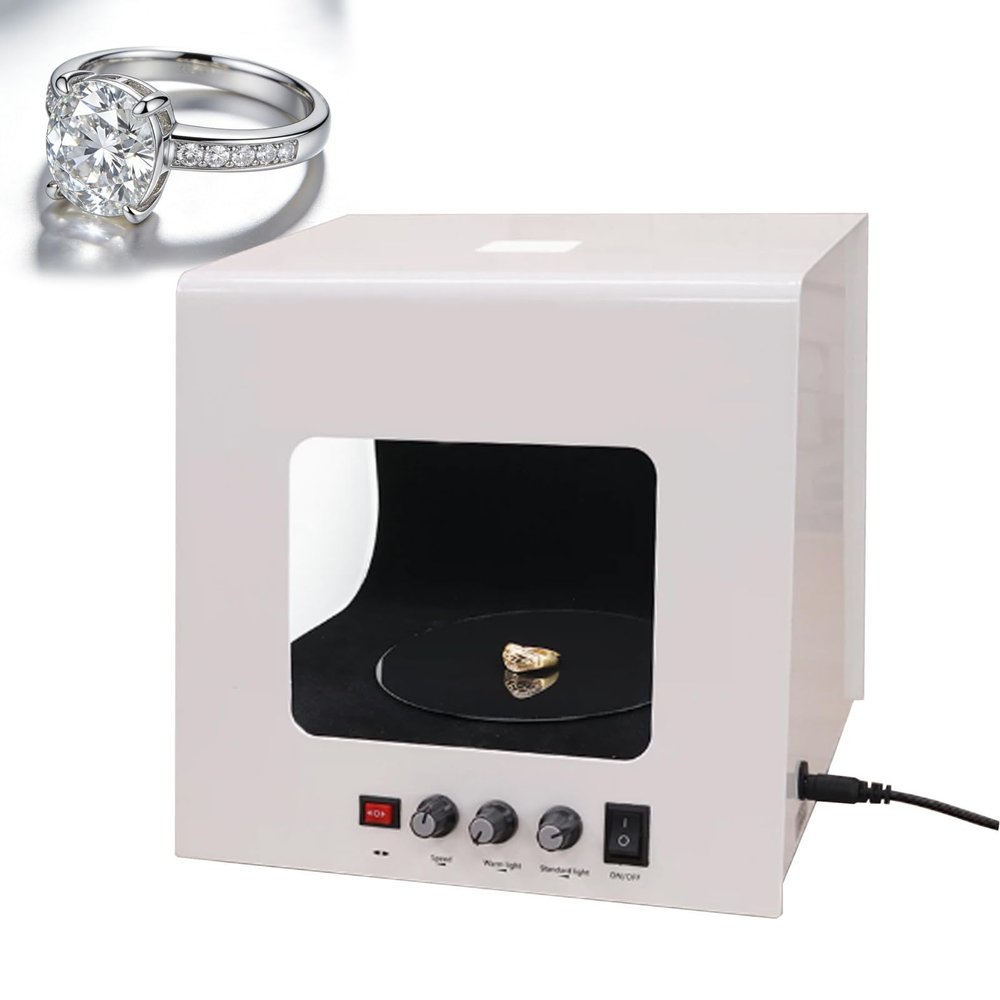 KRYANFEN Jewelry Photo Box Mini Studio with 360° Electric Turntable, Dimmable 3000–5500K, White + Black, 20 cm