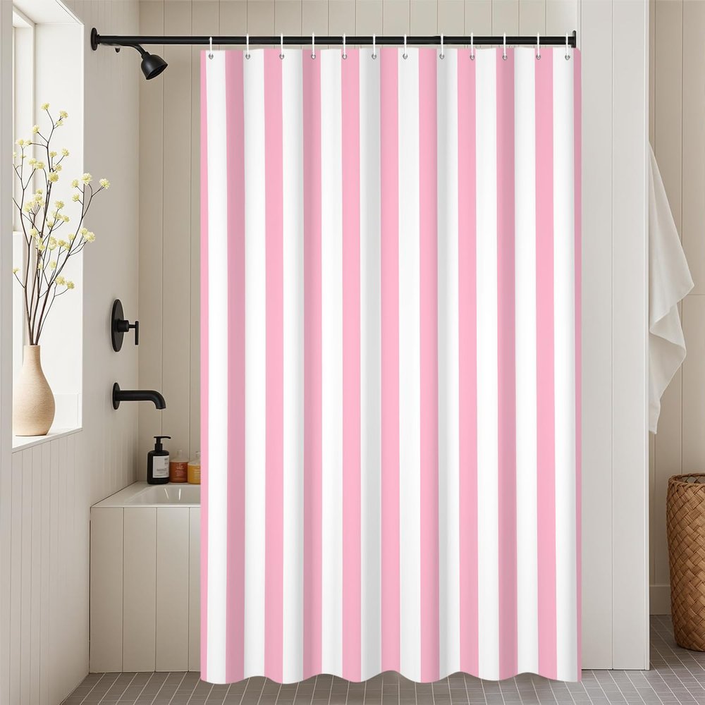 UUZEAI Fabric Shower Curtain 220 x 180 cm Pink and White, Cute Vertical Stripes