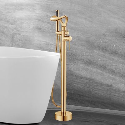 BiaoTeng Freestanding Gold Tub Faucet with Waterfall Spout and Hand Shower
