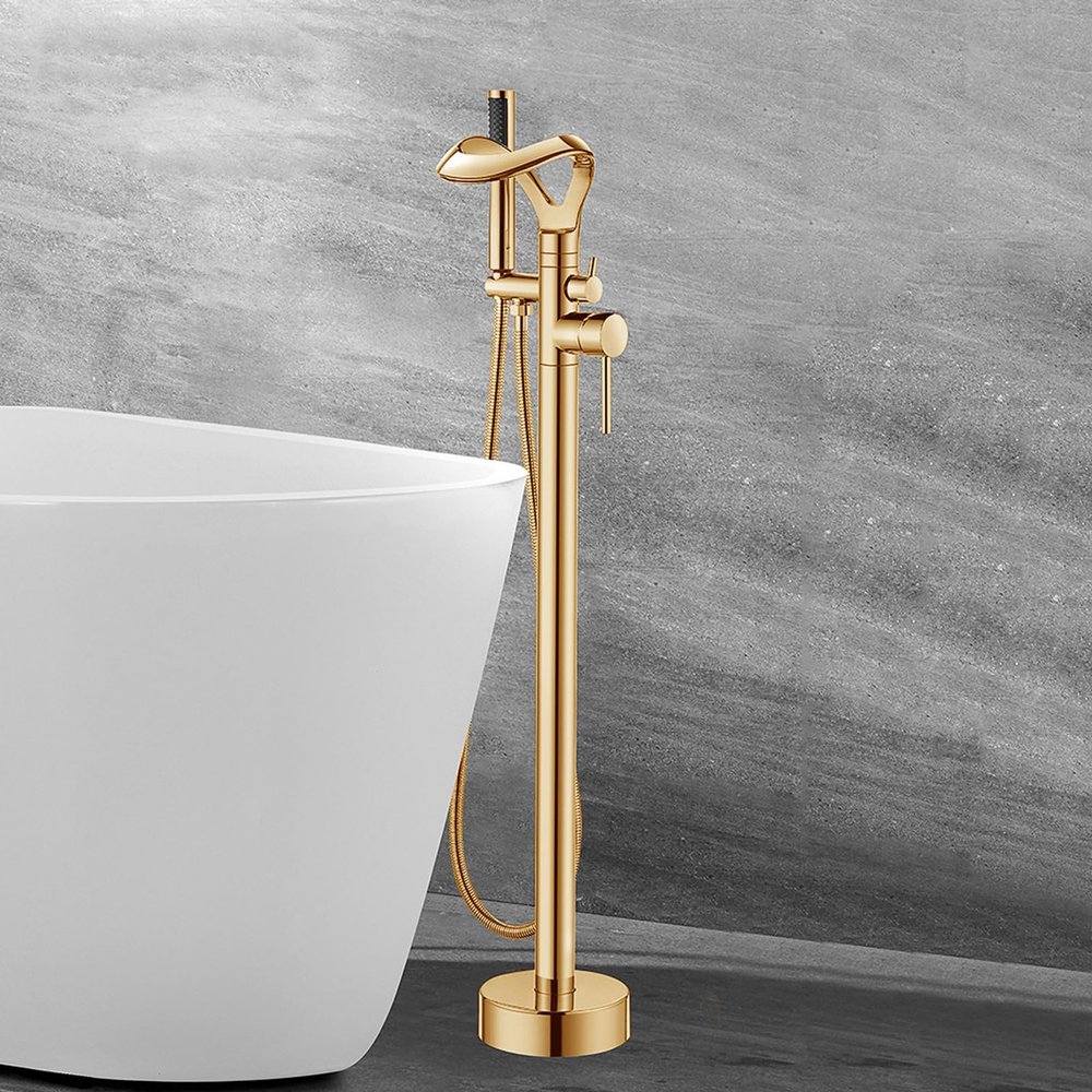 BiaoTeng Freestanding Gold Tub Faucet with Waterfall Spout and Hand Shower