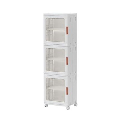 Narrow Storage Cabinet, Tall Bathroom Organizer with Doors and Adjustable Shelves, Portable Folding Plastic Storage Box