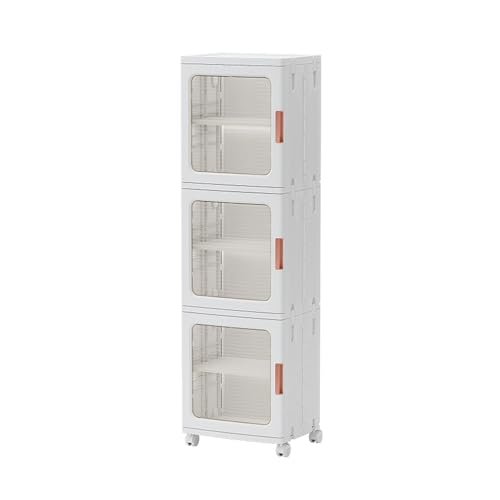 Narrow Storage Cabinet, Tall Bathroom Organizer with Doors and Adjustable Shelves, Portable Folding Plastic Storage Box