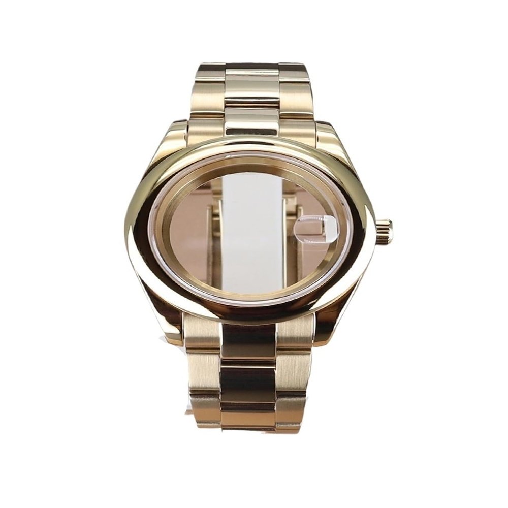Gladiaond 1-Pc 36 mm/39 mm Gold-Tone Watch Case with Rounded Edges, Sapphire Crystal, Waterproof, for NH35, NH36, NH38/34 and Miyota 8215 (Glass Bottom Cover 1.36 mm 8215)