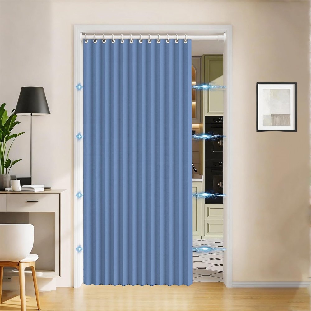 Blackout Magnetic Accordion-Style Folding Curtain for Doors and Room Dividers, Dark Blue, W150 x H180 cm