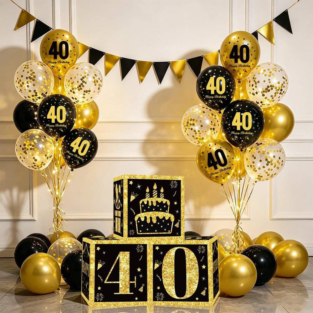 QIFU 40th Birthday Decorations for Men, 25-Piece Black and Gold Set