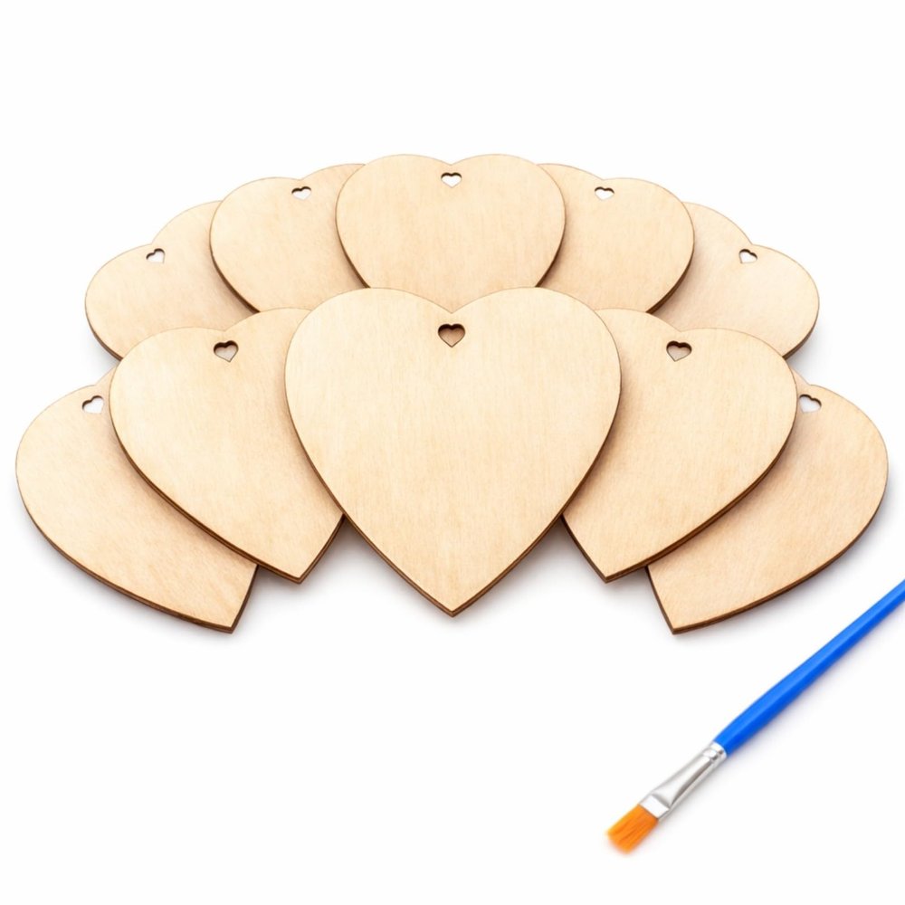 10 Wooden Hearts for DIY Projects + 1 Brush