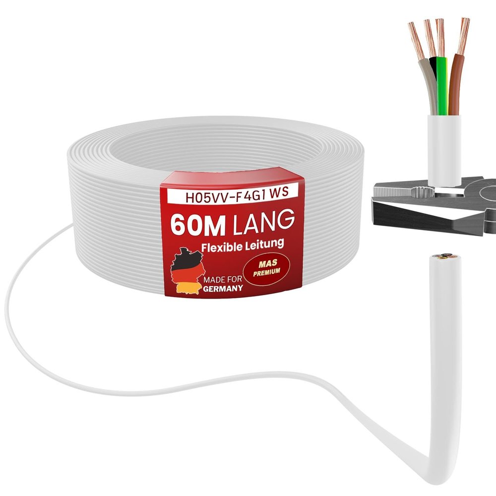 MAS Premium H05VV-F 4G1 PVC Flexible Cable, White, 60 m