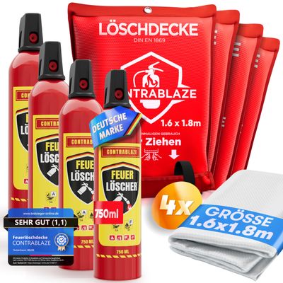 Fire Blanket 4-Pack, 1.6 x 1.8 m + Fire Extinguishing Spray 4-Pack, 750 ml - Fire Safety Set for Home, Kitchen & Car