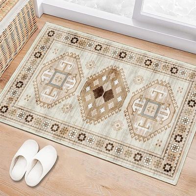 Vintage Oriental Entryway Rug, Washable Non-Slip Doormat, Beige Tribal, 40 x 60 cm