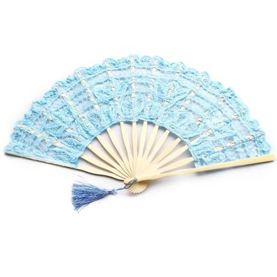 EBZFASO Women's Folding Hand Fan with Bamboo Handle, Lace, Embroidery and Tassel (Light Blue)