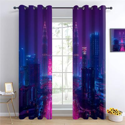 Petronas Twin Towers Purple Night Blackout Curtains, City Photography Sliding Panels, W132 x H240 cm, 2 Panels