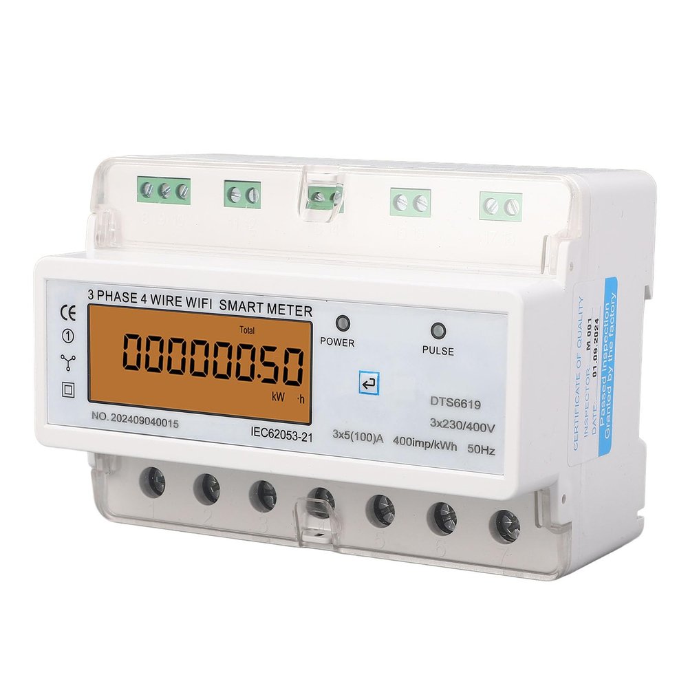 Zerodis 3-Phase Power Meter with Backlit Display, Flame-Retardant Material, Supports the -App, 3 x 5 A