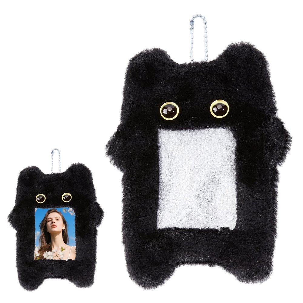 NICENEEDED Black Cartoon Plush Photo Card Holder Keychain