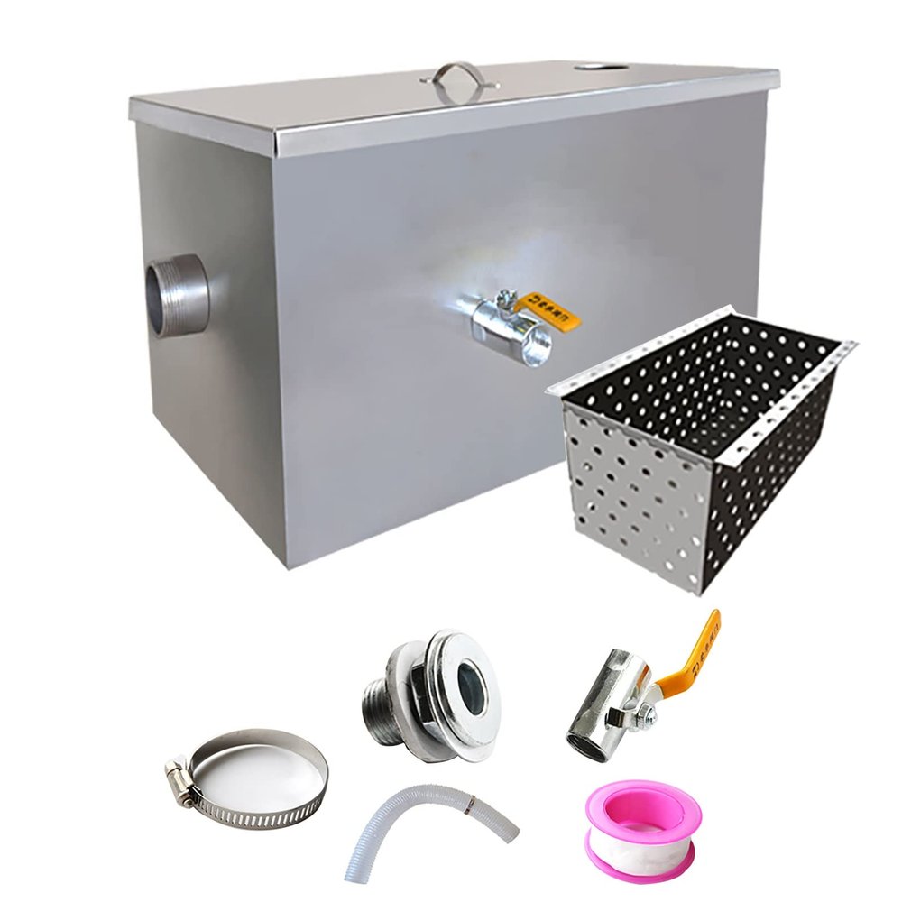 Commercial Stainless Steel Grease Trap with Removable Filter Basket, 35 x 20 x 20 cm