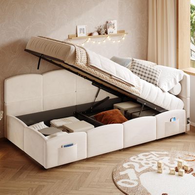 Xwiny 90 x 200 cm Upholstered Storage Bed with USB-A/USB-C, Beige Velvet (No Mattress)