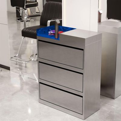 Bedroom Dresser Cabinet, Stainless Steel Salon Cabinet with Hair Dryer Holder, 3-Drawer Storage Cabinet, Blue, 50 x 30 x 80 cm