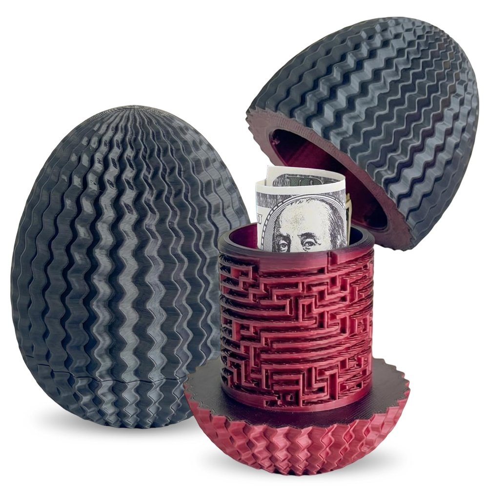 Oval Secret Labyrinth Box for Money & Gifts, 3D-Printed Puzzle Box in Black and Red with Hidden Compartment and Code Cylinder, Concentration Game, Reusable Birthday Gift